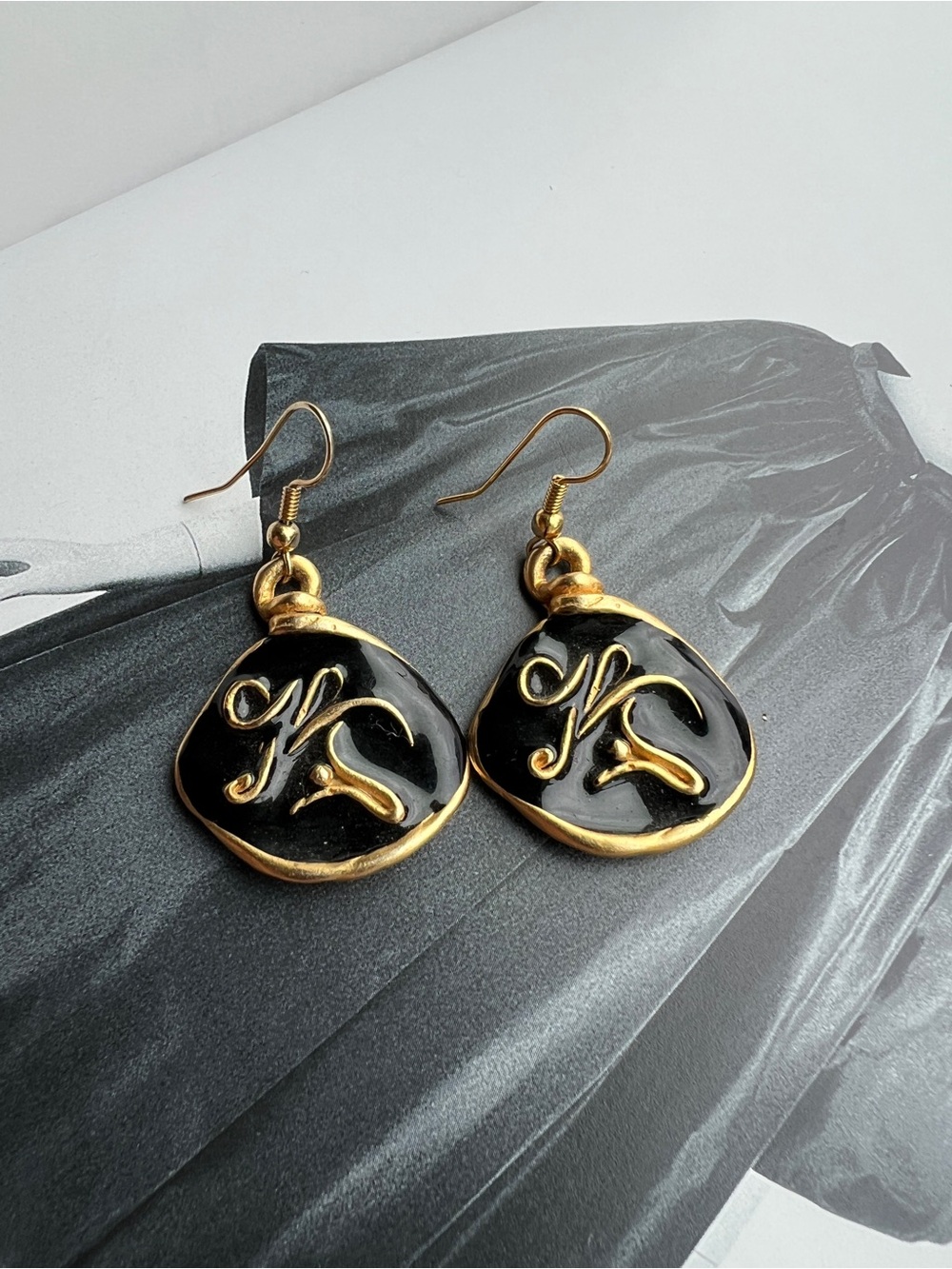 Gold and Black Monogram Drop Earrings